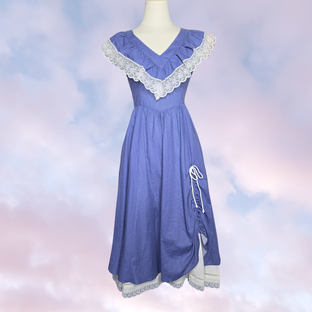 70s Vtg Gunne Sax Midi Prairie Cottage Blue White Cotton Ruching  Dress Sz 3